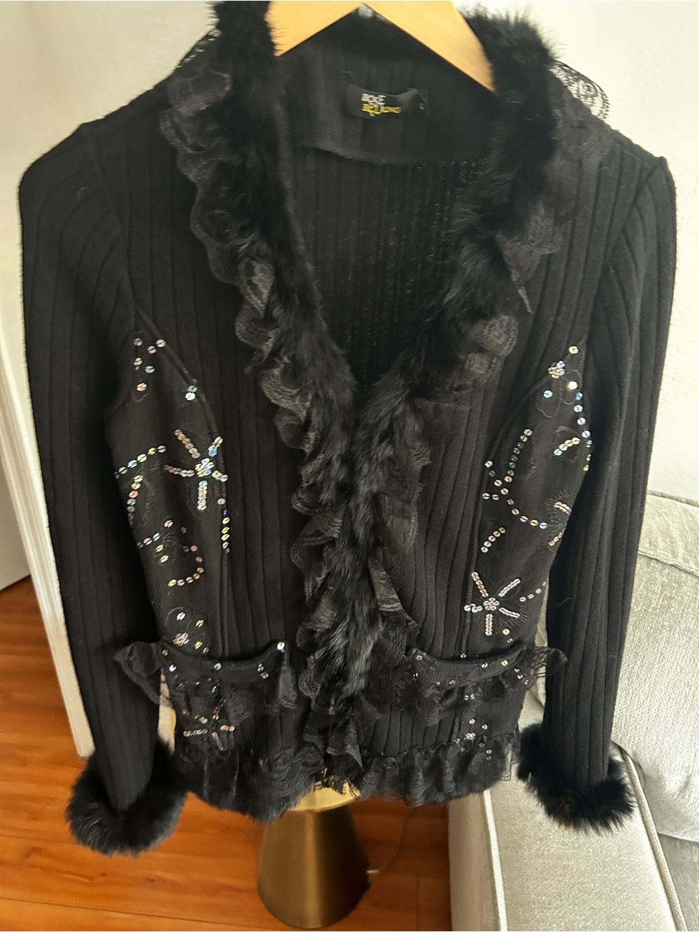 Vtg Knits Lace Sequins Fur Cardigan Sweater XL Linen Blend Whimsigoth Witchy - Picture 10 of 16